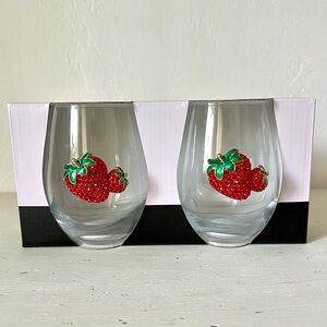Rachel Zoe Stemless Wine Glass Set-Red/Green/Gold-Rhinestone Strawberry-Bling